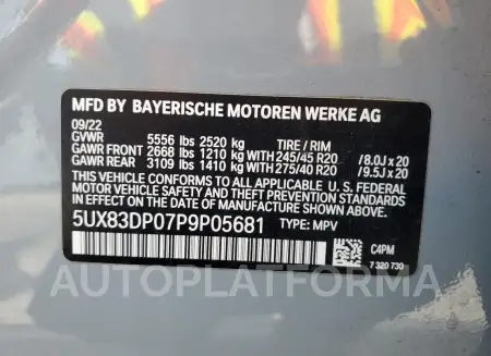 BMW X3 M40I 2023 vin 5UX83DP07P9P05681 from auto auction Copart