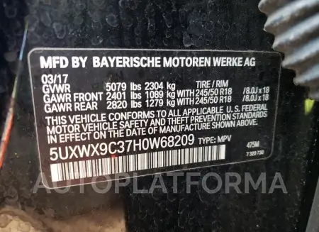 BMW X3 XDRIVE2 2017 vin 5UXWX9C37H0W68209 from auto auction Copart