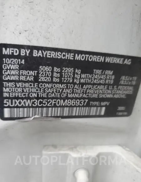 BMW X4 XDRIVE2 2015 vin 5UXXW3C52F0M86937 from auto auction Copart