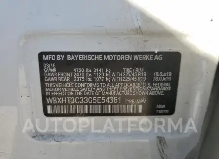 BMW X1 XDRIVE2 2016 vin WBXHT3C33G5E54361 from auto auction Copart