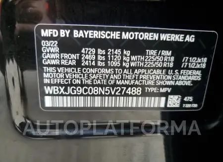 BMW X1 XDRIVE2 2022 vin WBXJG9C08N5V27488 from auto auction Copart