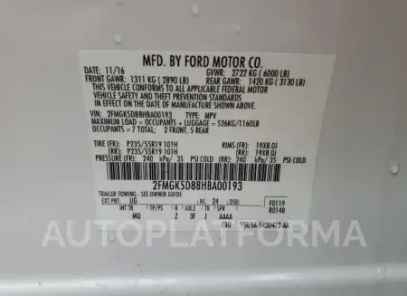 FORD FLEX LIMIT 2017 vin 2FMGK5D88HBA00193 from auto auction Copart