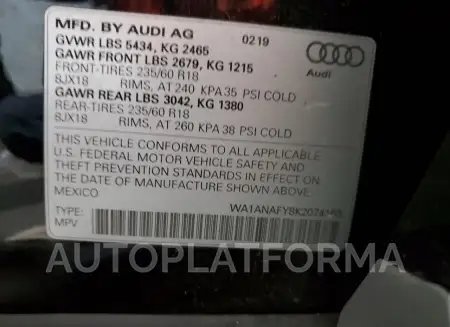 AUDI Q5 PREMIUM 2019 vin WA1ANAFY8K2074163 from auto auction Copart