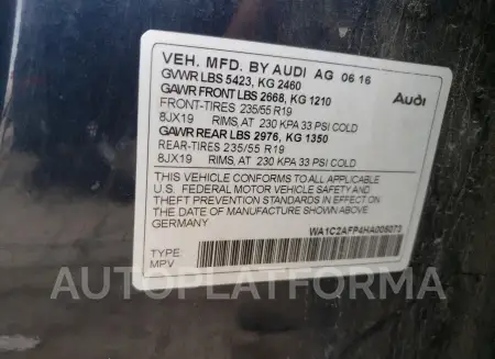 AUDI Q5 PREMIUM 2017 vin WA1C2AFP4HA005073 from auto auction Copart