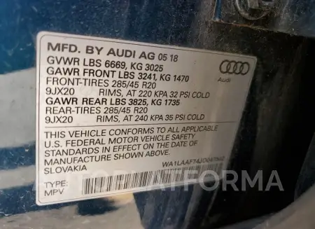 AUDI Q7 PREMIUM 2018 vin WA1LAAF74JD047542 from auto auction Copart