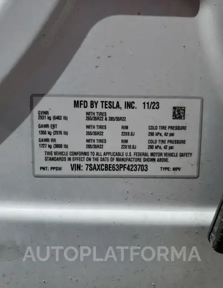 TESLA MODEL X 2023 vin 7SAXCBE63PF423703 from auto auction Copart