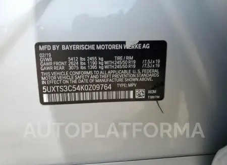 BMW X3 XDRIVEM 2019 vin 5UXTS3C54K0Z09764 from auto auction Copart