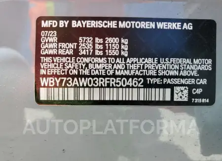 BMW I4 EDRIVE 2024 vin WBY73AW03RFR50462 from auto auction Copart