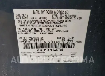 FORD FLEX SEL 2016 vin 2FMGK5C82GBA17281 from auto auction Copart