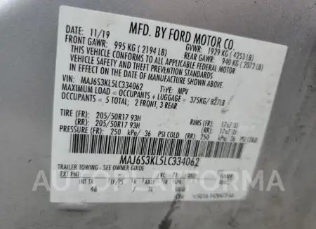 FORD ECOSPORT T 2020 vin MAJ6S3KL5LC334062 from auto auction Copart