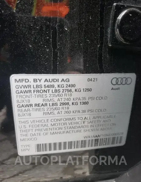 AUDI Q5 PREMIUM 2021 vin WA1AAAFY0M2086578 from auto auction Copart