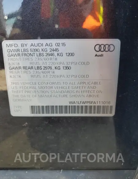 AUDI Q5 PREMIUM 2015 vin WA1LFAFP5FA111016 from auto auction Copart