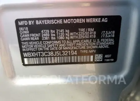 BMW X1 XDRIVE2 2018 vin WBXHT3C38J5L32194 from auto auction Copart