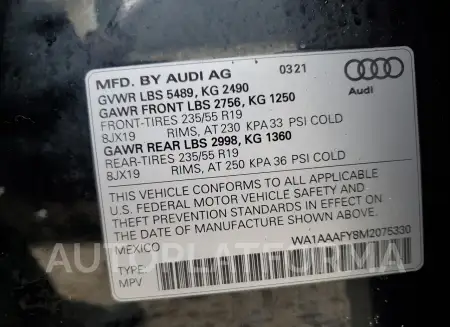 AUDI Q5 PREMIUM 2021 vin WA1AAAFY8M2075330 from auto auction Copart