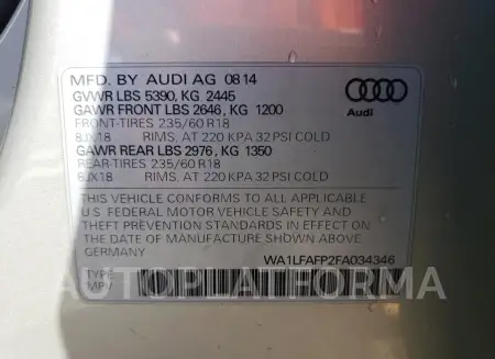 AUDI Q5 PREMIUM 2015 vin WA1LFAFP2FA034346 from auto auction Copart