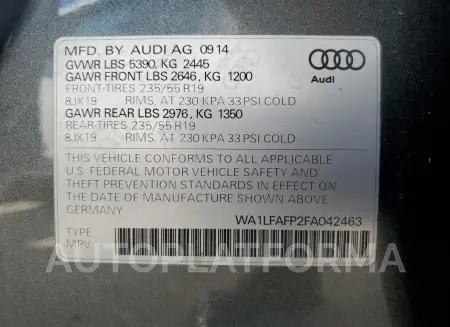 AUDI Q5 PREMIUM 2015 vin WA1LFAFP2FA042463 from auto auction Copart