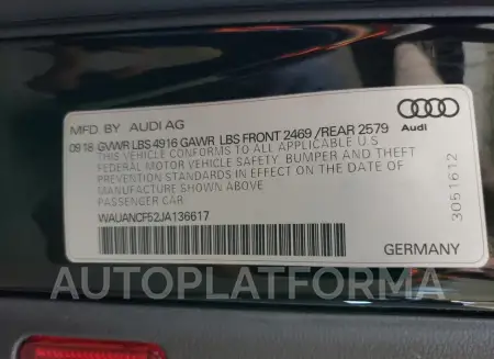 AUDI A5 PREMIUM 2018 vin WAUANCF52JA136617 from auto auction Copart