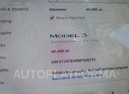 TESLA MODEL 3 2021 vin 5YJ3E1EA5MF929775 from auto auction Copart