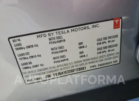 TESLA MODEL S 2016 vin 5YJSA1E22GF128581 from auto auction Copart