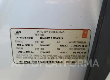 TESLA MODEL X 2019 vin 5YJXCBE28KF204240 from auto auction Copart