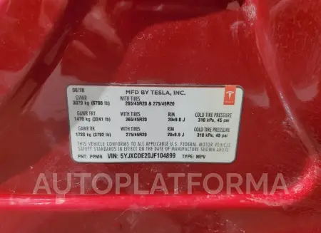 TESLA MODEL X 2018 vin 5YJXCDE20JF104899 from auto auction Copart