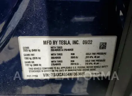 TESLA MODEL X 2022 vin 7SAXCAE54NF363025 from auto auction Copart