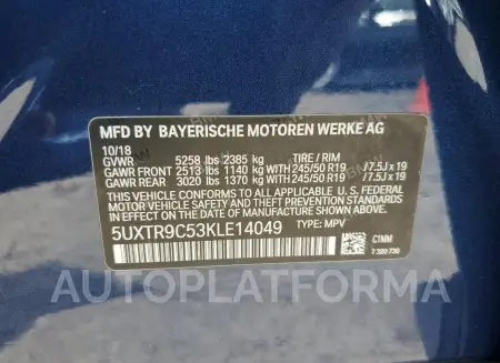 BMW X3 XDRIVE3 2019 vin 5UXTR9C53KLE14049 from auto auction Copart