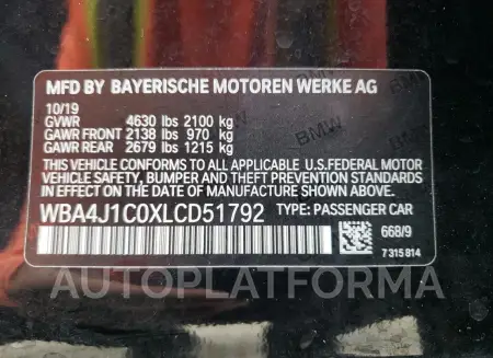 BMW 430I GRAN 2020 vin WBA4J1C0XLCD51792 from auto auction Copart