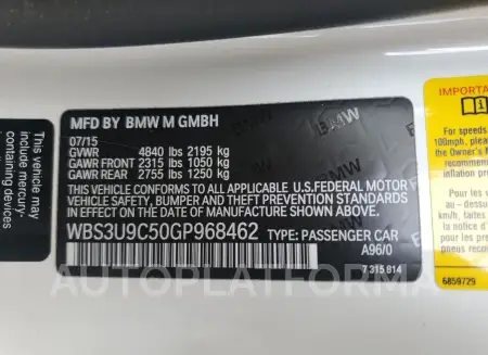 BMW M4 2016 vin WBS3U9C50GP968462 from auto auction Copart