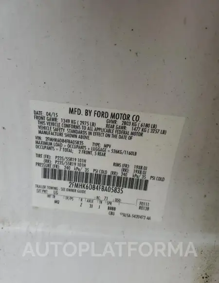 FORD FLEX LIMIT 2015 vin 2FMHK6D84FBA05835 from auto auction Copart