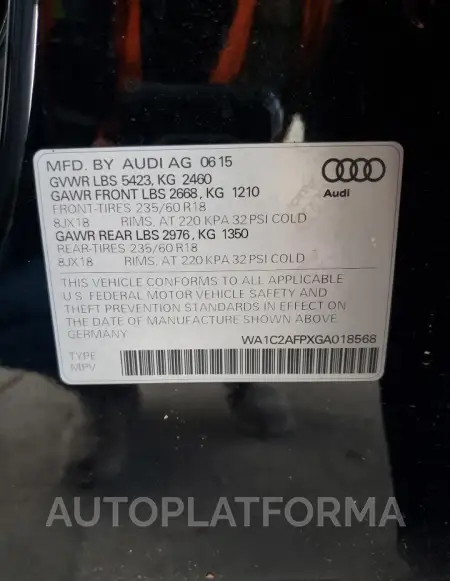 AUDI Q5 PREMIUM 2016 vin WA1C2AFPXGA018568 from auto auction Copart