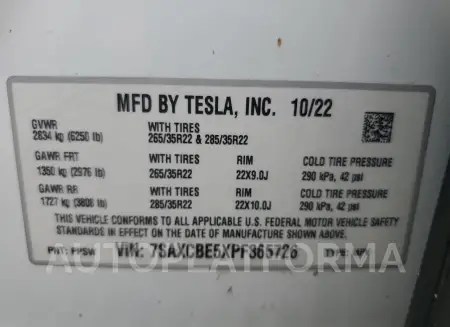 TESLA MODEL X 2023 vin 7SAXCBE5XPF365726 from auto auction Copart