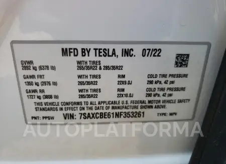 TESLA MODEL X 2022 vin 7SAXCBE61NF353261 from auto auction Copart