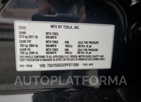 TESLA MODEL Y 2023 vin 7SAYGDED2PF971999 from auto auction Copart