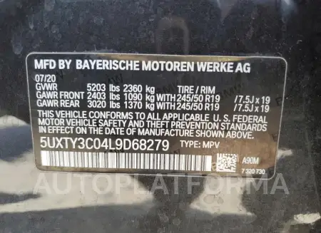 BMW X3 SDRIVE3 2020 vin 5UXTY3C04L9D68279 from auto auction Copart