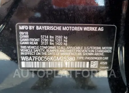 BMW 750 I 2019 vin WBA7F0C56KGM25380 from auto auction Copart