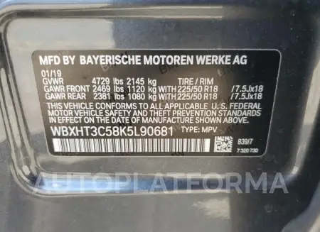 BMW X1 XDRIVE2 2019 vin WBXHT3C58K5L90681 from auto auction Copart