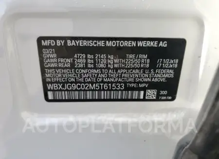 BMW X1 XDRIVE2 2021 vin WBXJG9C02M5T61533 from auto auction Copart