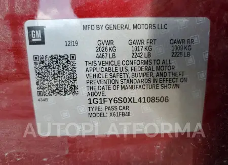 CHEVROLET BOLT EV LT 2020 vin 1G1FY6S0XL4108506 from auto auction Copart