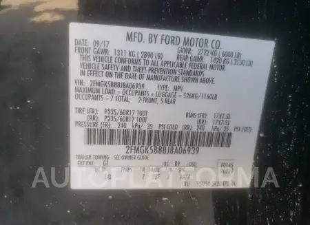 FORD FLEX SE 2018 vin 2FMGK5B88JBA06939 from auto auction Copart