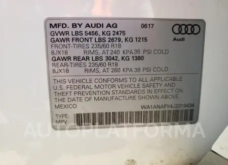 AUDI Q5 PREMIUM 2018 vin WA1ANAFY4J2019434 from auto auction Copart