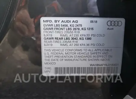 AUDI Q5 PREMIUM 2018 vin WA1BNAFY8J2190031 from auto auction Copart