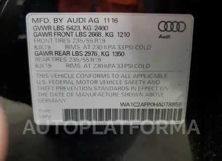 AUDI Q5 PREMIUM 2017 vin WA1C2AFP0HA078859 from auto auction Copart