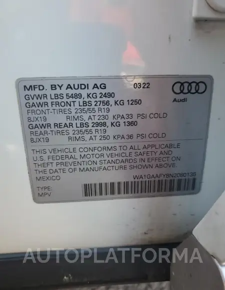 AUDI Q5 PREMIUM 2022 vin WA1GAAFY8N2080135 from auto auction Copart