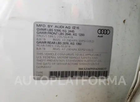 AUDI Q5 PREMIUM 2015 vin WA1LFAFP0FA098837 from auto auction Copart