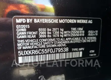 BMW X5 XDRIVE5 2015 vin 5UXKR6C55F0J79538 from auto auction Copart