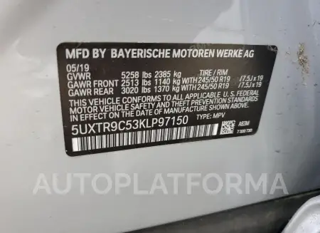 BMW X3 XDRIVE3 2019 vin 5UXTR9C53KLP97150 from auto auction Copart