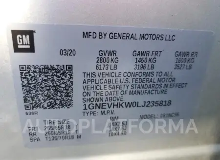 CHEVROLET TRAVERSE L 2020 vin 1GNEVHKW0LJ235818 from auto auction Copart