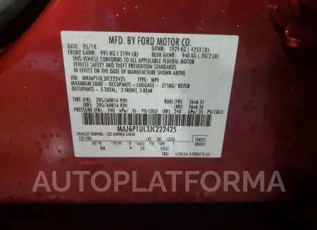 FORD ECOSPORT S 2018 vin MAJ6P1UL3JC222425 from auto auction Copart