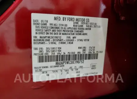 FORD ECOSPORT T 2018 vin MAJ6P1WL3JC190752 from auto auction Copart